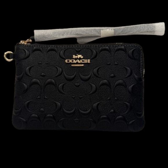 NWT Black Coach Boxed Corner Zip Wristlet In Signature Leather w/ 2 Charms - Picture 3 of 7